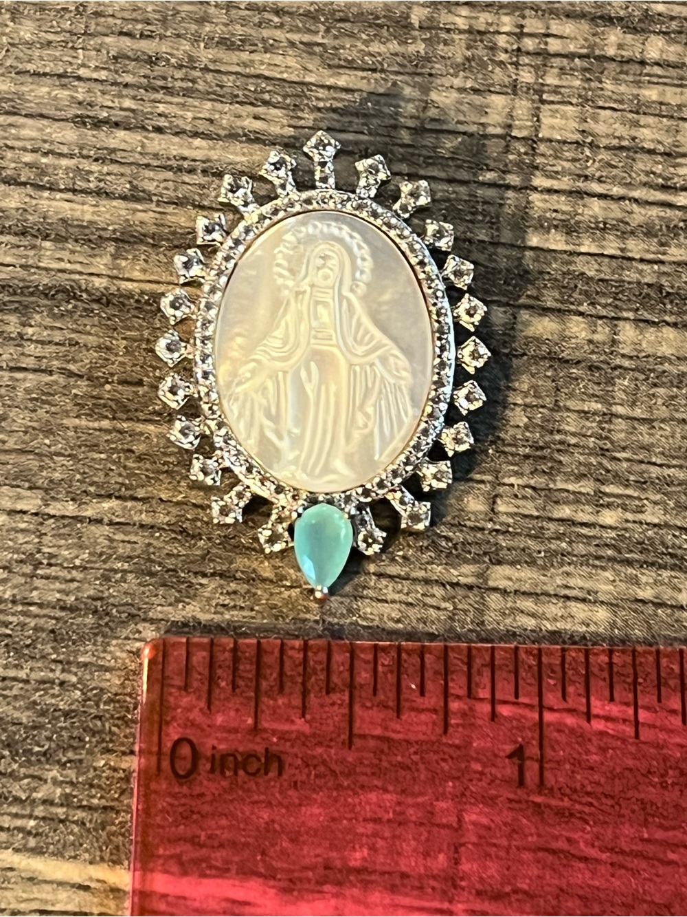 Sterling silver and cz Religious pendant. Mother of pearl and blue stone. Carved - Picture 6 of 6